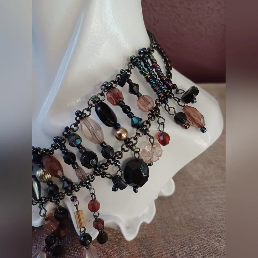 Vintage Fantasy Statement Crystal Bead Stone Drop Jewel Choker Bib Collar - Picture 3 of 9